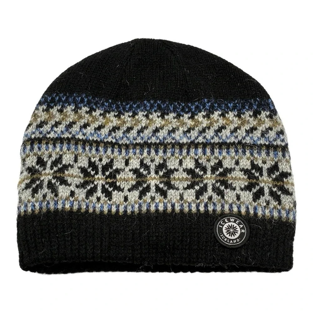 Icewear Iceland Norwegian Wool Beanie Thinsulate Lined Black Gray Fair Isle Hat